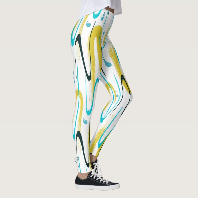 Blaugelbe und schwarze Pinselstriche abstrakt Leggings (Rechts)