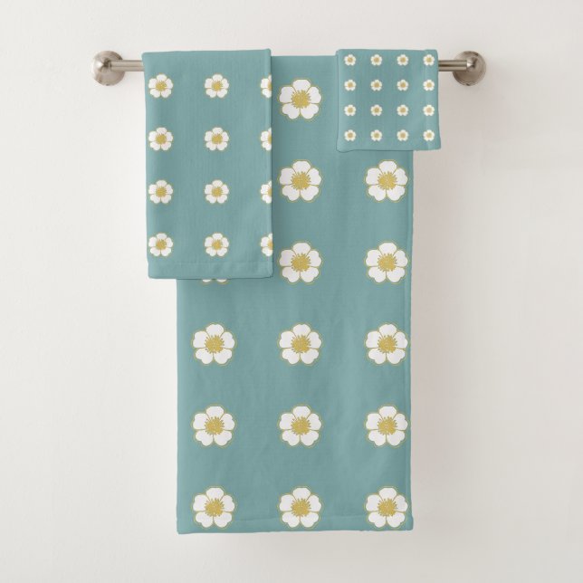 blaugelbe und weiße Buttercup-Blume Badhandtuch Set (Insitu)