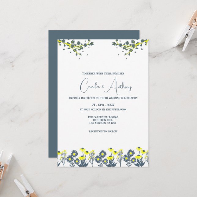 Blaugelbe Wildblume Floral Boho Hochzeit Einladung (Vorderseite/Rückseite Beispiel)