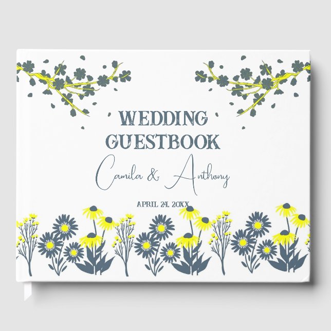 Blaugelbe Wildblume Floral Boho Hochzeit Gästebuch (Vorderseite)