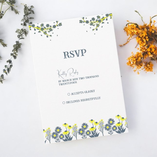 Blaugelbe Wildblume Floral Boho Hochzeit RSVP Karte (Von Creator hochgeladen)