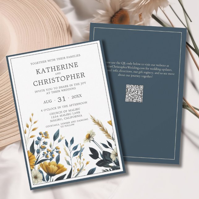 Blaugelbe Wildblumen Elegante Hochzeit Einladung (Blue Yellow Wildflowers Elegant Save the Date Card with QR Code for Wedding Website.)