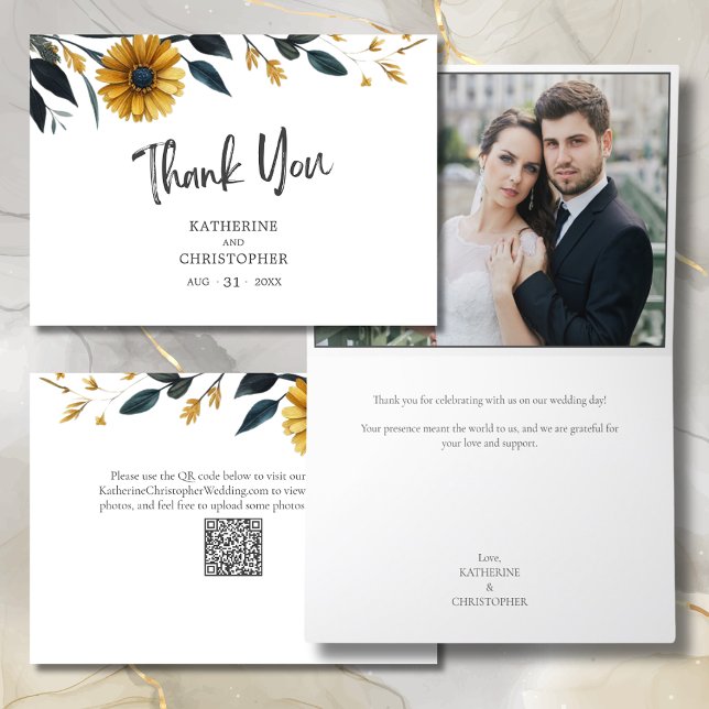Blaugelbe Wildblumen Hochzeitsfeier Foto Dankeskarte (Blue Yellow Watercolor Wildflowers Elegant Wedding Photo Thank You Card with QR Code for Photos.)