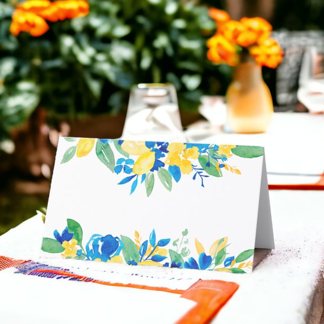 Blaugelbe Zitronen Blumenbezeichnung Brautparty Platzkarte (Blue yellow lemons floral bridal shower name place card)