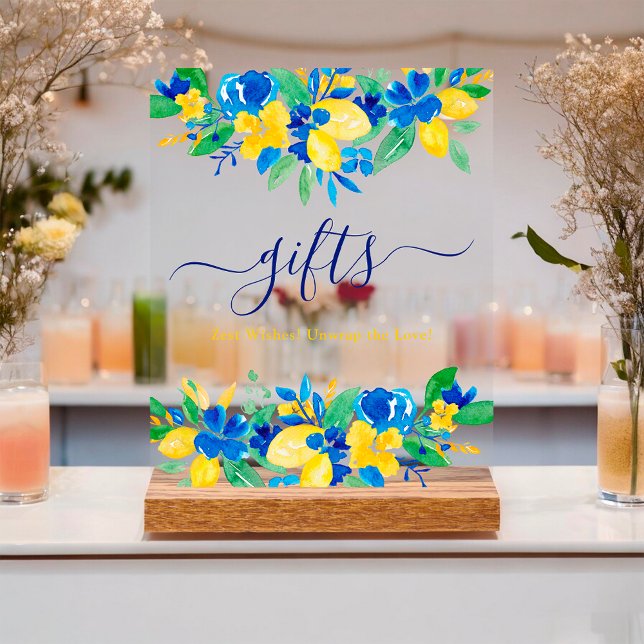 Blaugelbe Zitronen Blumengeschenke Brautparty Acrylschild (Blue yellow lemons floral gifts bridal shower acrylic sign)