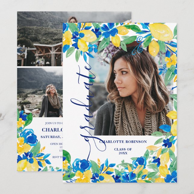 Blaugelbe Zitronen Blumenschrift Foto Abschluss Einladung (Vorne/Hinten)