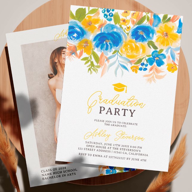 Blaugelbes Foto Abschluss Einladung (Blue yellow floral watercolor photo graduation invitation)