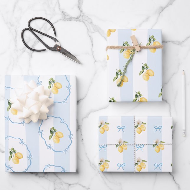 Blaugelbes Lemon-Wrapping Paper Set 3 Geschenkpapier Set (Vorderseite)