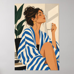 Blaugestreifte Roben-Frau Modeillustration Poster