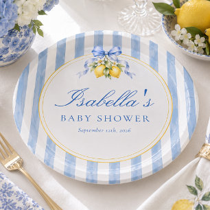 Blaugestreifte Zitrone und Schleife Amalfi Baby Sh Pappteller