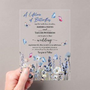 Blauglocken-Wildblumen-Schmetterlinge Hochzeit Acryleinladungen