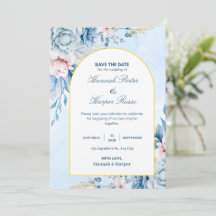 Blaugold Aquarell Florale Hochzeit Einladung zum V