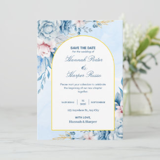 Blaugold Aquarell Florale Hochzeit Einladung zum V