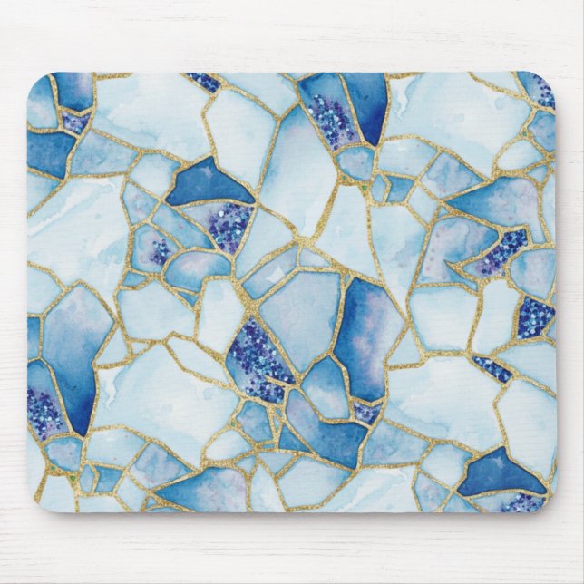 Blaugold-Aquarell-Meeresglas-Mosaikmuster Mousepad (Vorne)