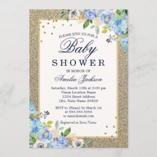Blaugoldene Blumen-Sparkling-Baby-Einladung Einladung