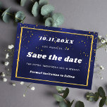 Blaugoldgold Save the Date<br><div class="desc">Ein Save the Date für eine 50. Geburtstagsfeier (oder jedes Alter). Ein marineblau gefärbter Hintergrund. Mit einem goldenen Rahmen und Konfetti dekoriert. Für ihn und sie.</div>
