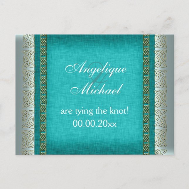 Blaugoldweißer Hochzeitstag Ankündigungspostkarte (Vorderseite)