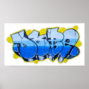 Blaugraffiti an einer Ziegelwand Poster