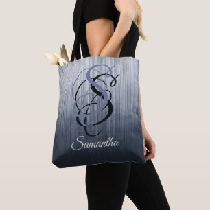 Blaugrau rustikales Monogramm Ombre gestreift Tasche