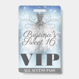 Blaugrau silberner Glitzerkleid Sweet 16 VIP-Pass Ausweis