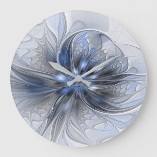Blaugraue Aquarell-Abstrakte Blumen-Fraktal-Kunst Große Wanduhr
