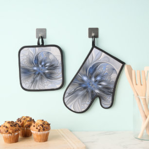 Blaugraue Aquarell-Abstrakte Blumen-Fraktal-Kunst Ofenhandschuh & Topflappen-Set