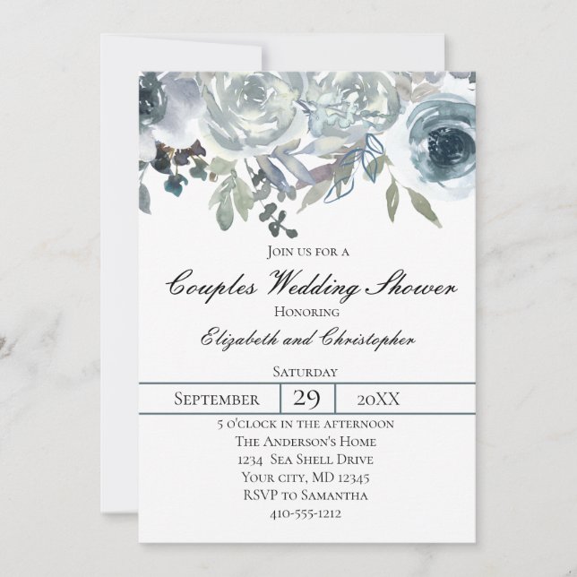 Blaugraue Elegante Blumenpaare Hochzeit Einladung (Vorderseite)