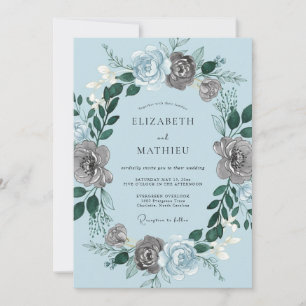 Blaugraue florale romantische Hochzeit Einladung