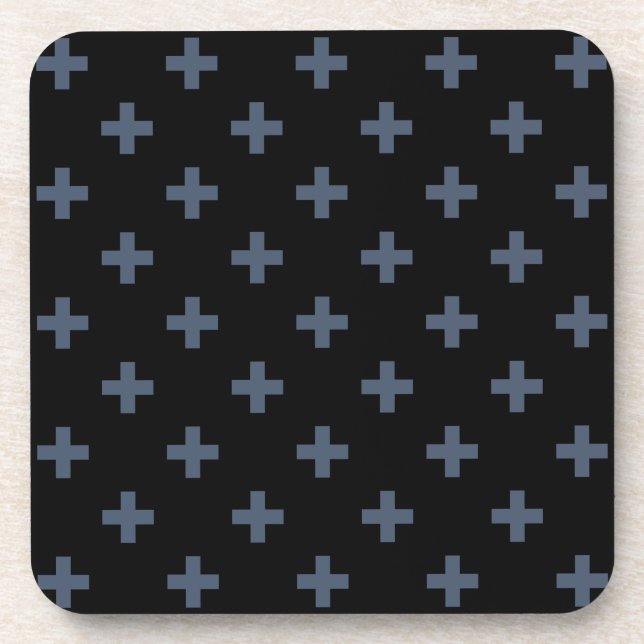 Blaugraue Polka-Kreuze auf schwarz Getränkeuntersetzer (Vorderseite)