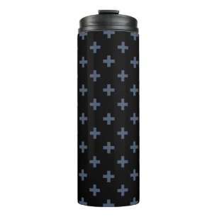 Blaugraue Polka-Kreuze auf schwarz Thermosbecher