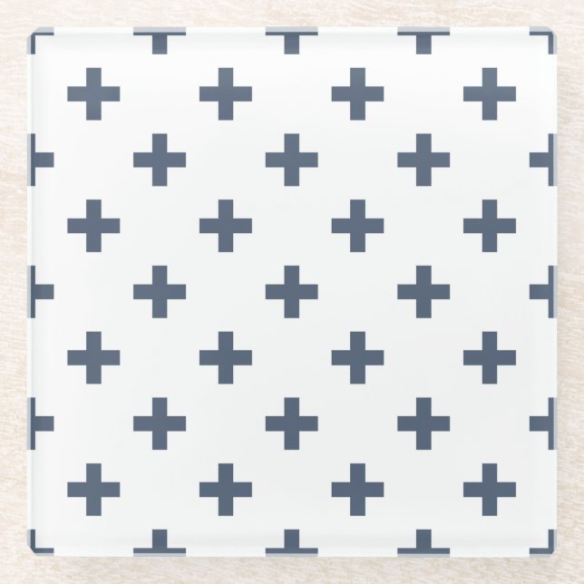 Blaugraue Polka-Kreuze auf weiß Glasuntersetzer (Vorderseite)