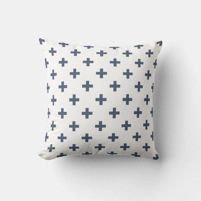 Blaugraue Polka-Kreuze auf weiß Kissen (Vorderseite)