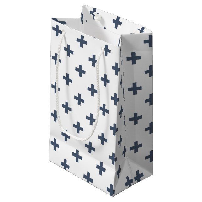Blaugraue Polka-Kreuze auf weiß Kleine Geschenktüte (Vorderseite Schrägansicht)