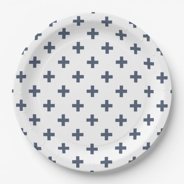 Blaugraue Polka-Kreuze auf weiß Pappteller (Vorderseite)