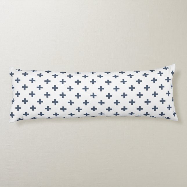 Blaugraue Polka-Kreuze auf weiß Seitenschläferkissen (Rückseite)