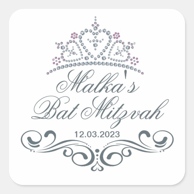 Blaugraue Schriftrollen, Tiara-Bat-Mitzvah-Logo Quadratischer Aufkleber (Vorderseite)