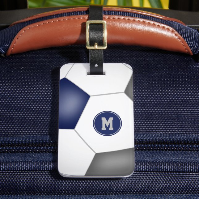 Blaugraue Schulmannschaft färbt Fußballtasche Gepäckanhänger (Vorderseite Insitu 2)