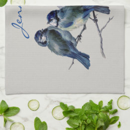 Blaugraue Vögel Elegante Aquarell-Name Geschirrtuch
