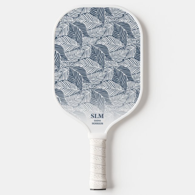 Blaugraues botanisches Leaf Muster Custom Monogram Pickleball Schläger (Vorderseite)