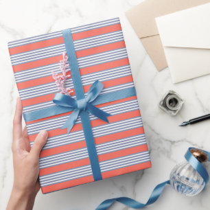 Blaugraues Fünf-Streifen-Muster mit lebender Koral Geschenkpapier
