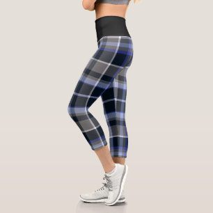 Blaugraues Kariertes Tartan-Muster Capri Leggings