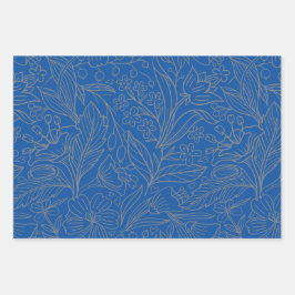 Blaugraues Silber Modernes Blumenpapier Geschenkpapier Set