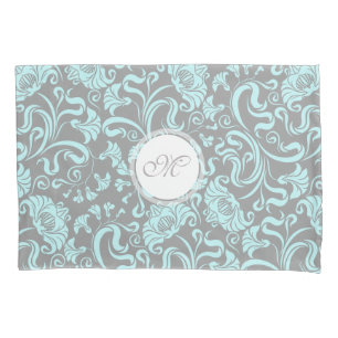 Blaugraues Vintag florales Muster Monogram Kissen Kissenbezug