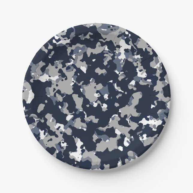Blaugraues Weiß Camouflage Camouflage Muster Party Pappteller (Vorderseite)