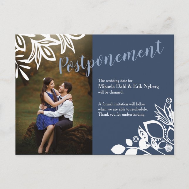 Blaugraues, weißes Hochzeitsankündigungs-Foto Postkarte (Vorderseite)