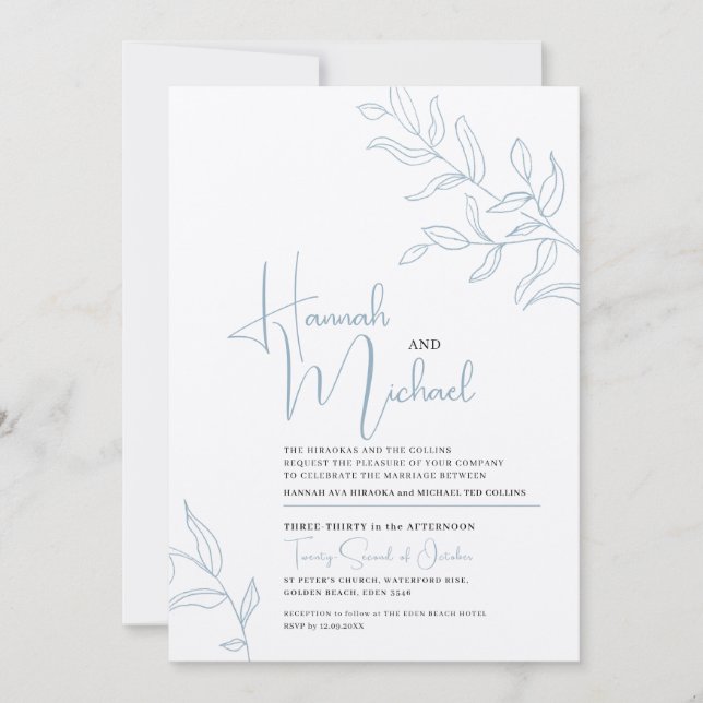 Blaugrauweißer Zweig der Hochzeit von Blätter Einladung (Vorderseite)