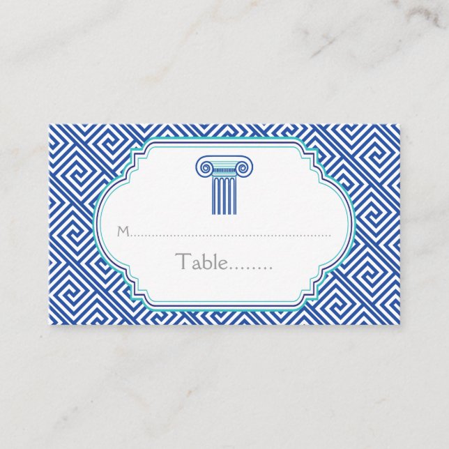 Blaugriechische Schlüssel- und Säulenhochzeit-Plat Platzkarte (Vorderseite)