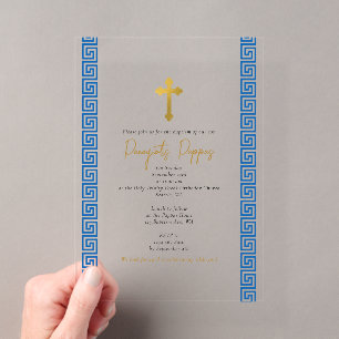 Blaugriechischer Schlüsselorthodox Christening Boy Acryleinladungen