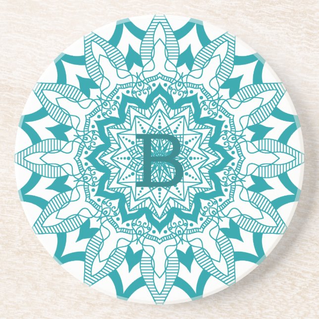 Blaugrün auf weißem Mandala-Monogramm Getränkeuntersetzer (Vorne)