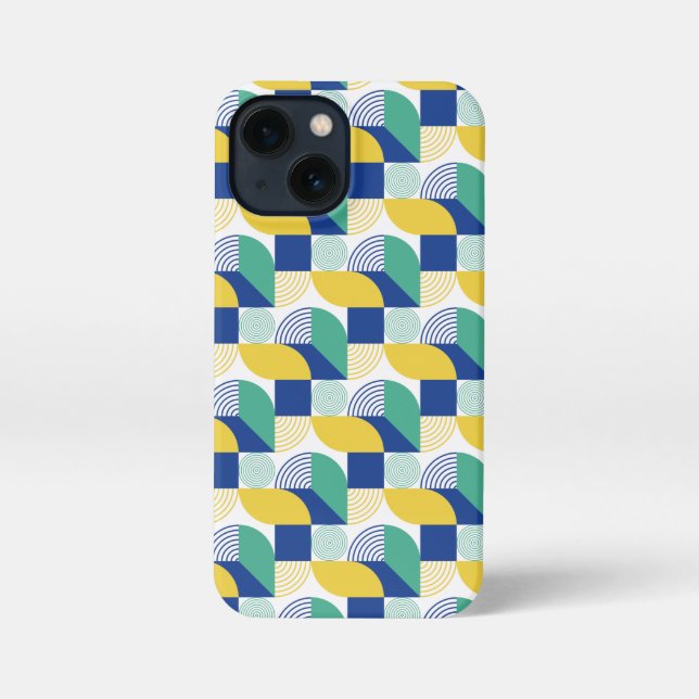 Blaugrün-gelb-Abstraktes geometrisches Muster iPhone 13 Mini Hülle (Rückseite)
